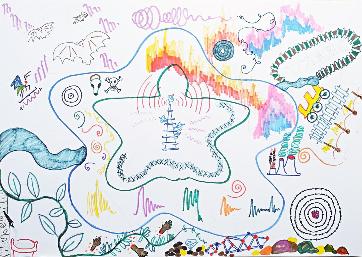 <p>institute for incongruous translation (Natascha Sadr Haghighian and Ashkan Sepahvand), <em>Carbon Theater, A Planetary Drama Around Life and Nonlife,  Act III: Dark Loops,</em> 2020, drawing integrated in the vinyl. Courtesy of the artists.</p>