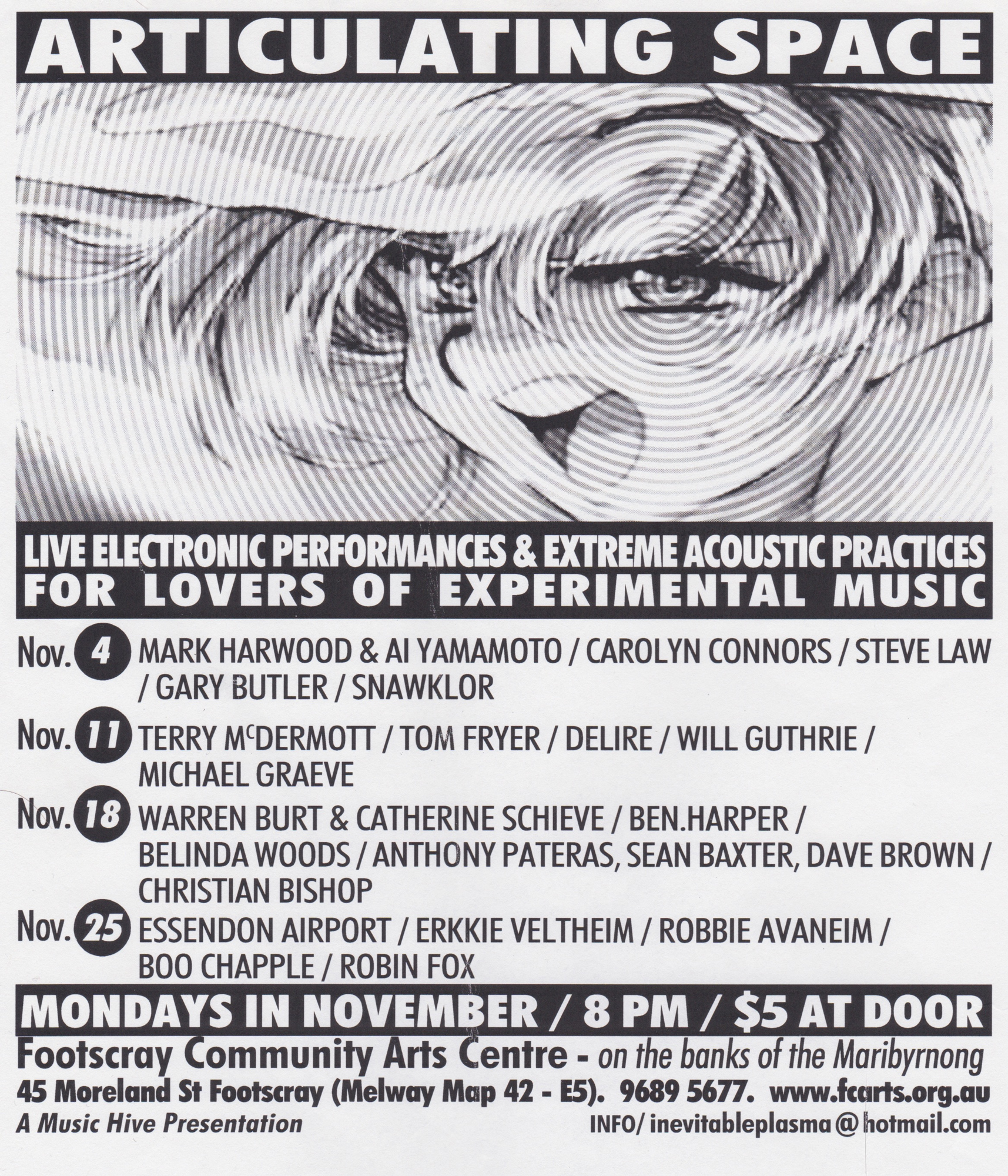 <p>Poster for P/B/B's first gig in 2002 at Articulating Space. Poster by Ben Harper.</p>