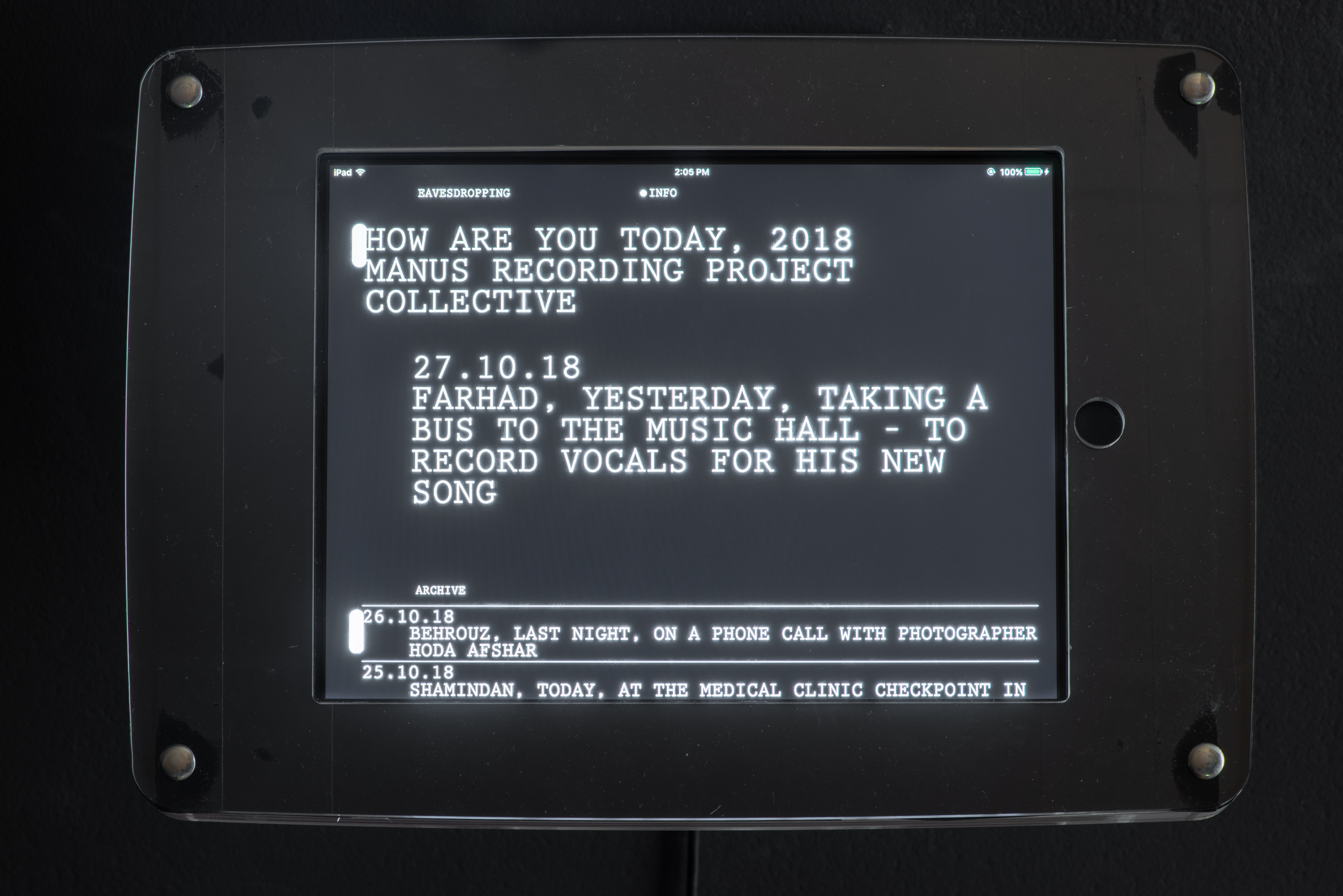 <p>Manus Recording Project Collective, <em>how are you today,</em> 2018. Photo: Christian Capurro.</p>